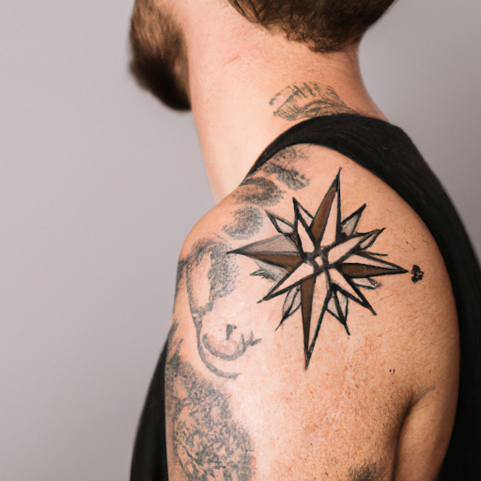 Compass tattoo on shoulder for men