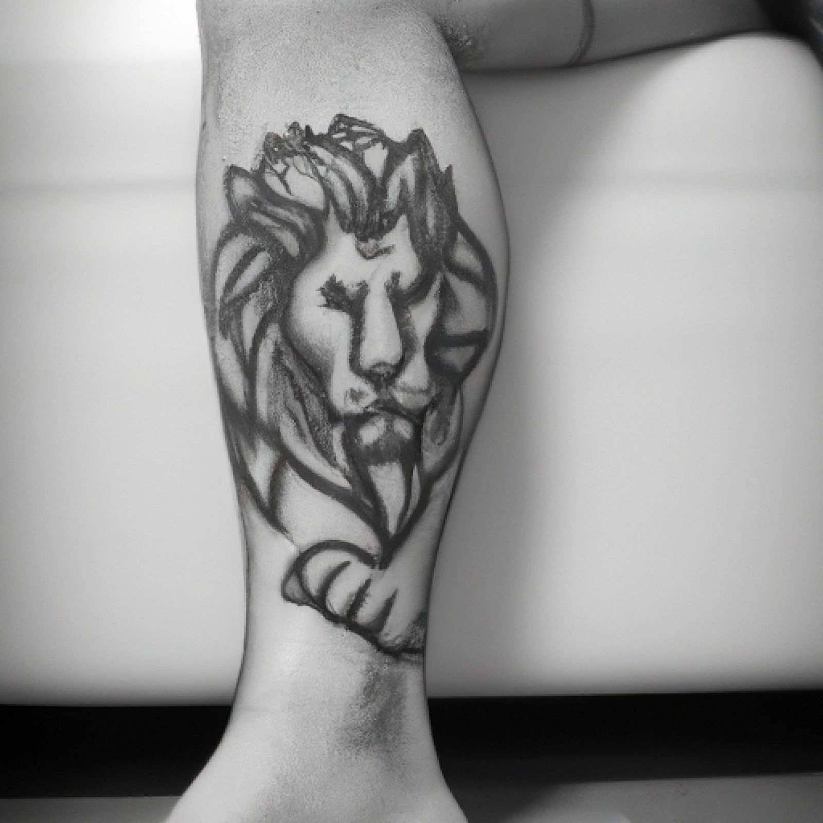 Lion tattoo on calf for men