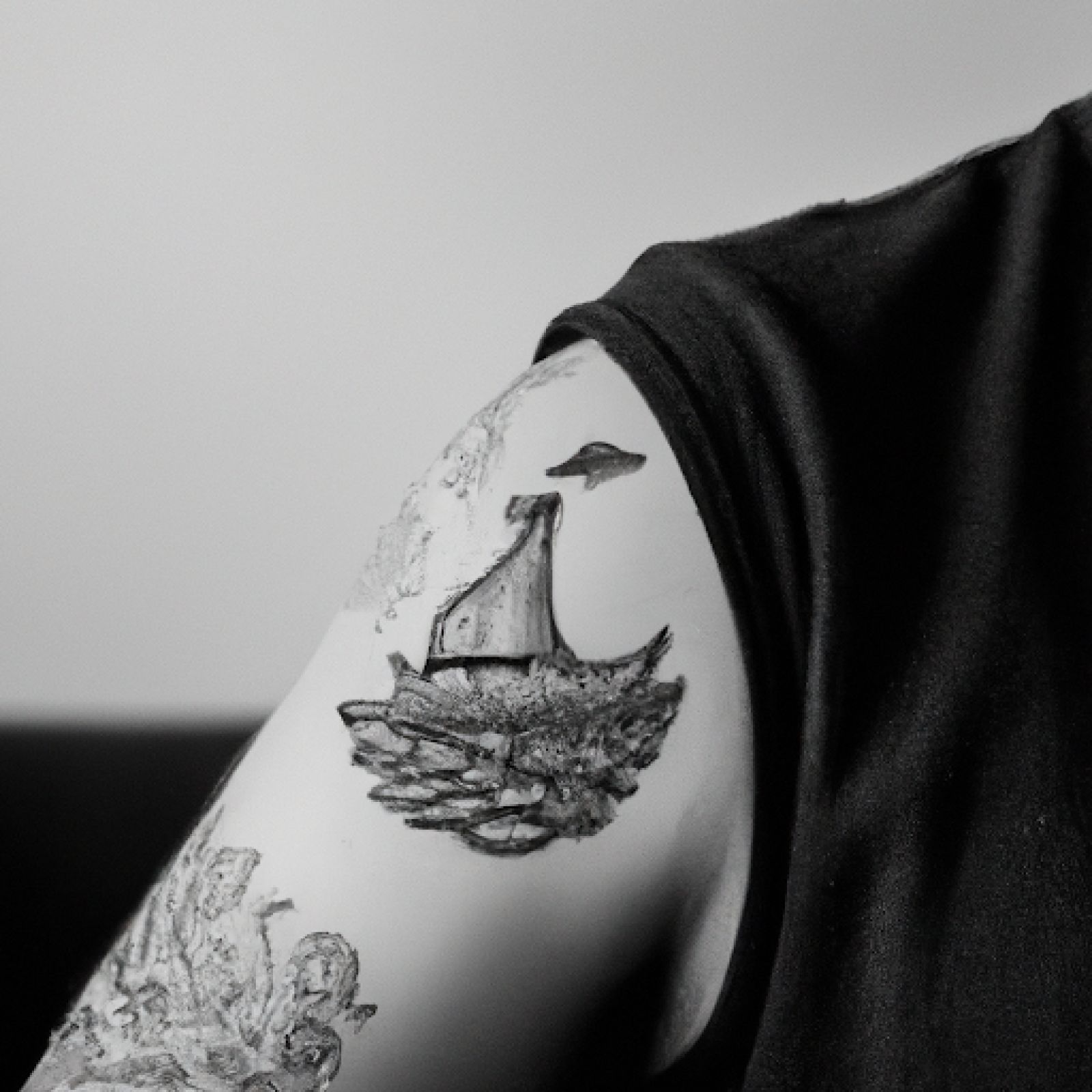 Ship tattoo on shoulder for men