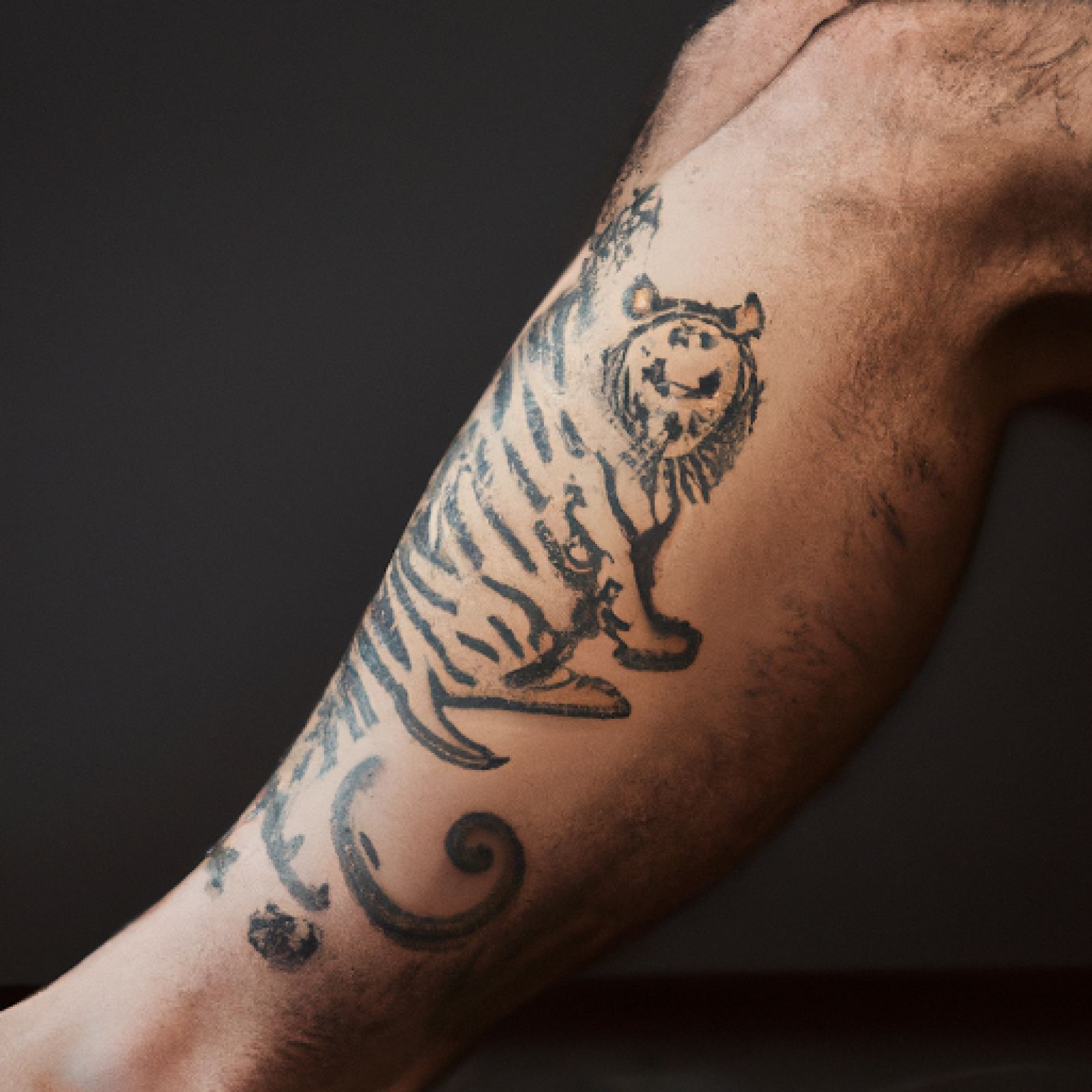 Tiger tattoo on knee for men