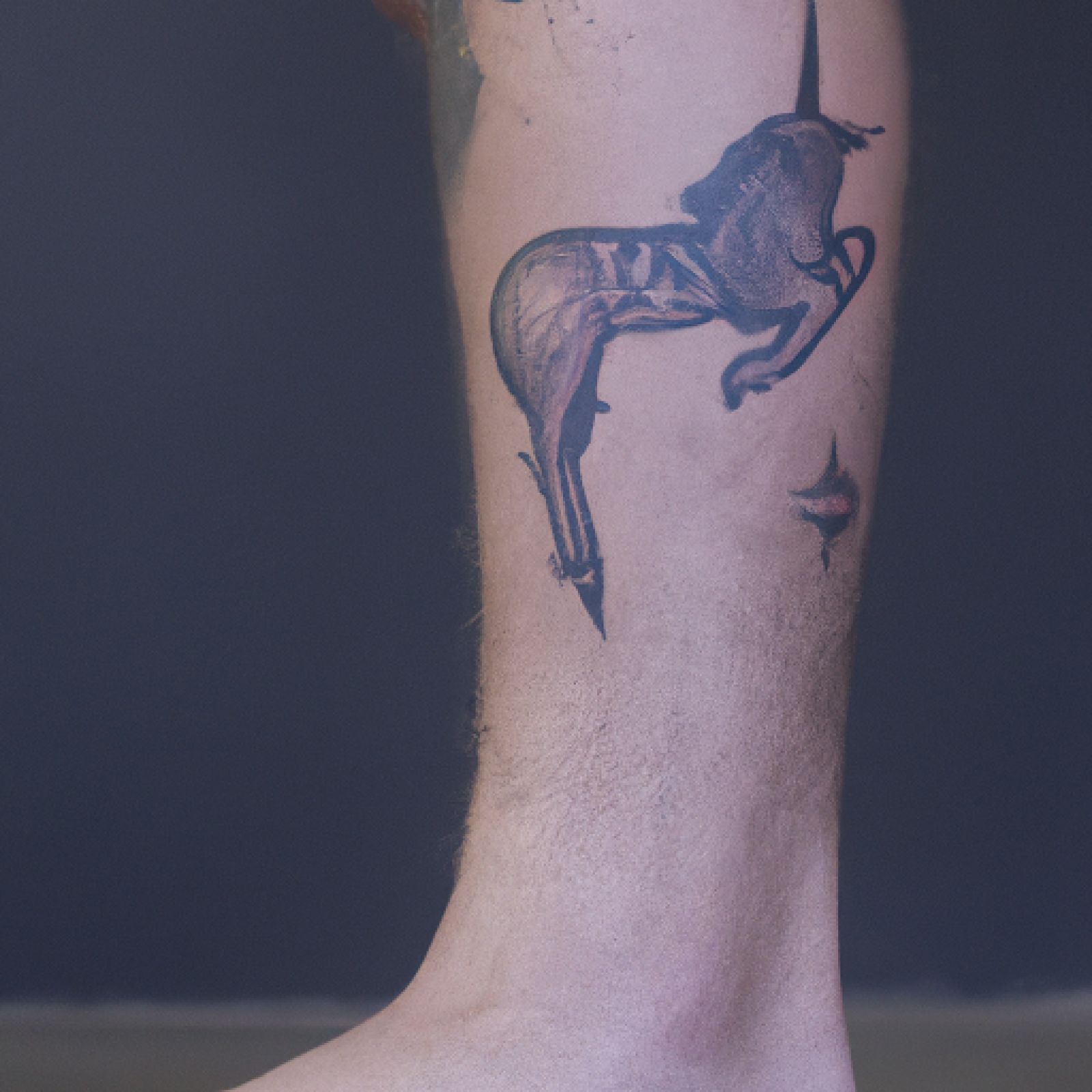 Unicorn tattoo on leg for men