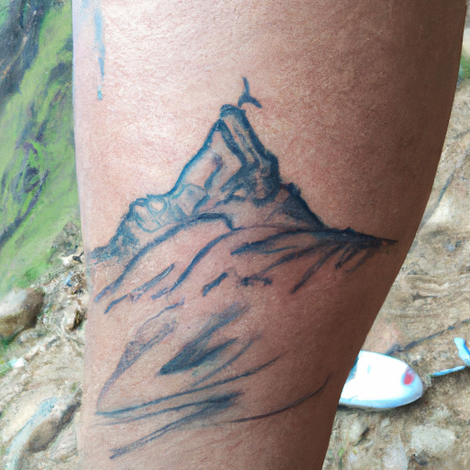 Mountain tattoo on leg for men